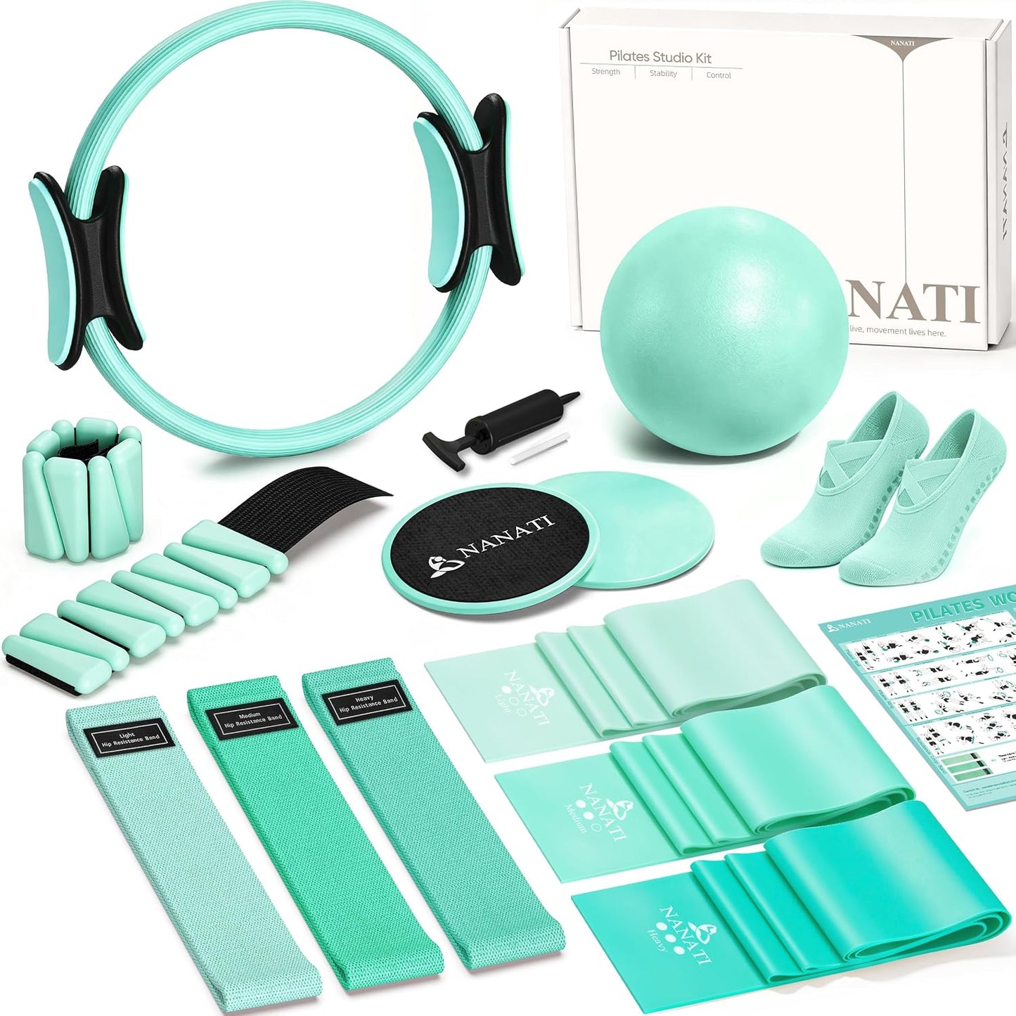 Pilates Kit, Home Pilates Workout Kit for Women, Pilates Equipment with 14.5" Pilates Ring and Ball, Resistance Bands, Ankle Weights, Sliders & Grip Socks for Home Workouts