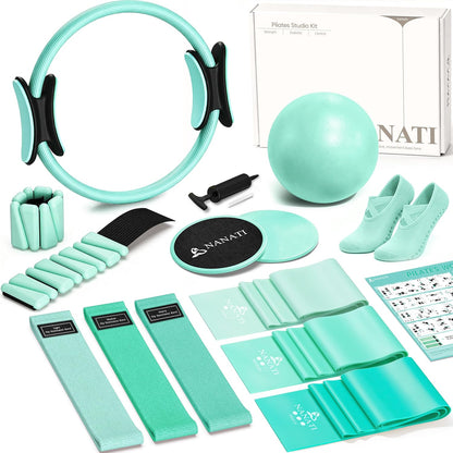 Pilates Kit, Home Pilates Workout Kit for Women, Pilates Equipment with 14.5" Pilates Ring and Ball, Resistance Bands, Ankle Weights, Sliders & Grip Socks for Home Workouts