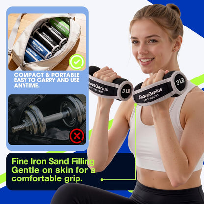Hand Weights for Women Men, 6pc Soft Dumbbell Set (1lb 2lb 3lb 4lb) Walking Weights with Hand Straps, Comfortable Iron Sand Filled Dumbbells for At Home Workout, Running, Yoga, Pilates, Physical Therapy, 12lbs/18lbs Total