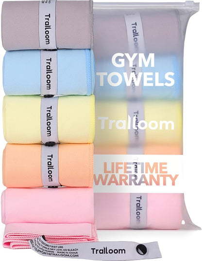 Microfiber Gym Towels, Quick Dry, Highly Absorbing, Odor-Free | Men & Women - Workout Sweat Sports Towel for Hot Yoga, Tennis, Running, Exercise, Working Out, Camping, Set of 5