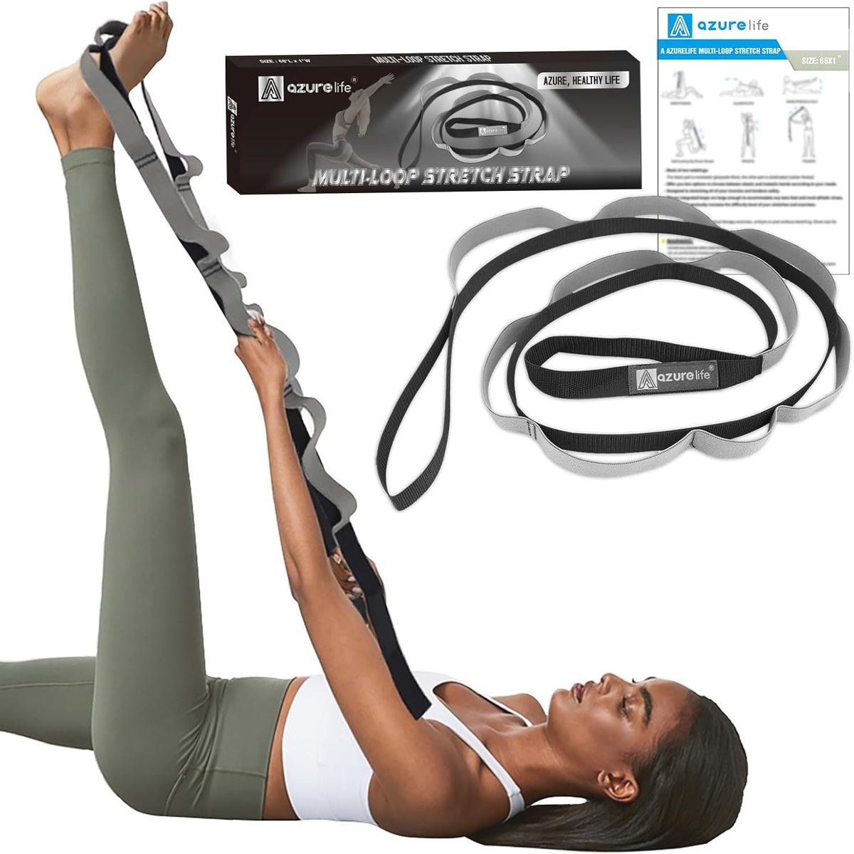 Half-Elastic Stretch Straps with 11 Loops, Stretching Strap for Physical Therapy, Multi-Loop Yoga Strap Fitness Exercise Strap for Yoga, Pilates, Dance, Flexibility&Exercise