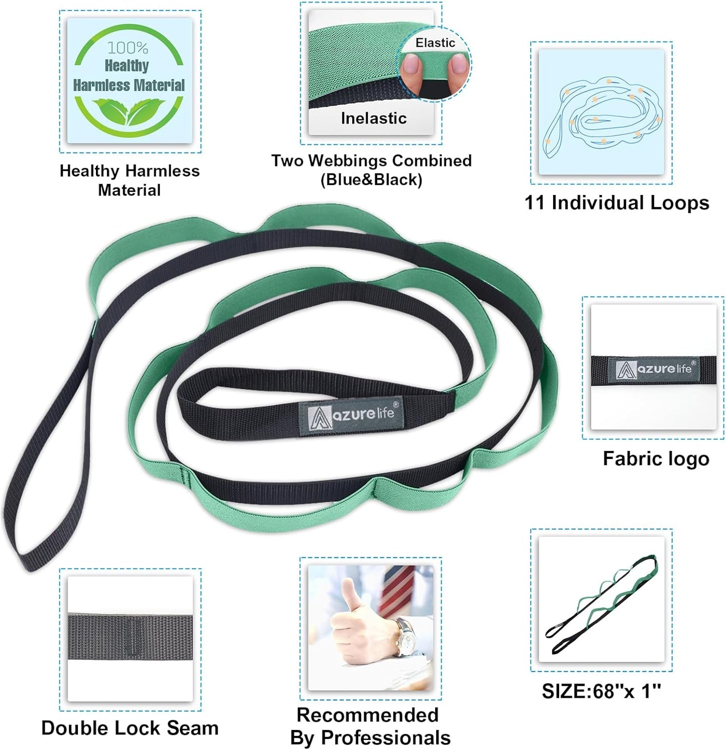 Half-Elastic Stretch Straps with 11 Loops, Stretching Strap for Physical Therapy, Multi-Loop Yoga Strap Fitness Exercise Strap for Yoga, Pilates, Dance, Flexibility&Exercise