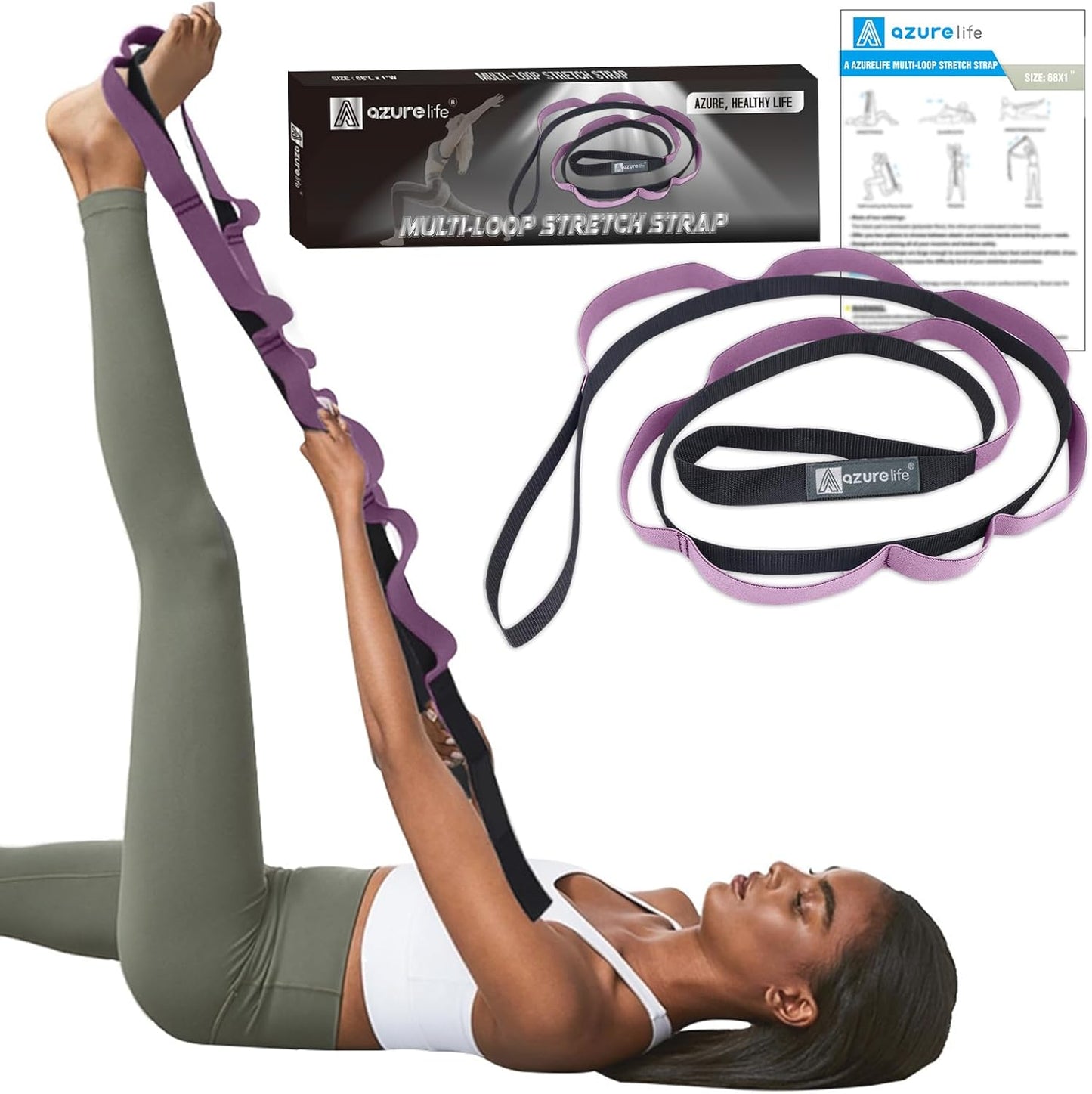 Half-Elastic Stretch Straps with 11 Loops, Stretching Strap for Physical Therapy, Multi-Loop Yoga Strap Fitness Exercise Strap for Yoga, Pilates, Dance, Flexibility&Exercise