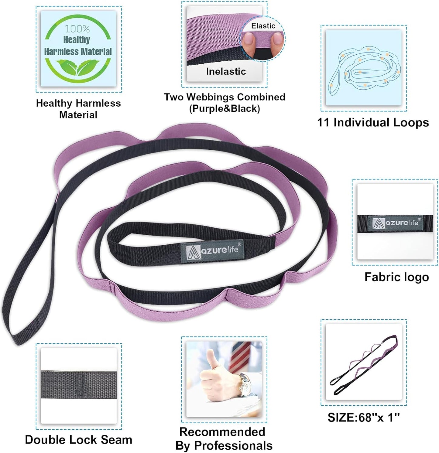 Half-Elastic Stretch Straps with 11 Loops, Stretching Strap for Physical Therapy, Multi-Loop Yoga Strap Fitness Exercise Strap for Yoga, Pilates, Dance, Flexibility&Exercise