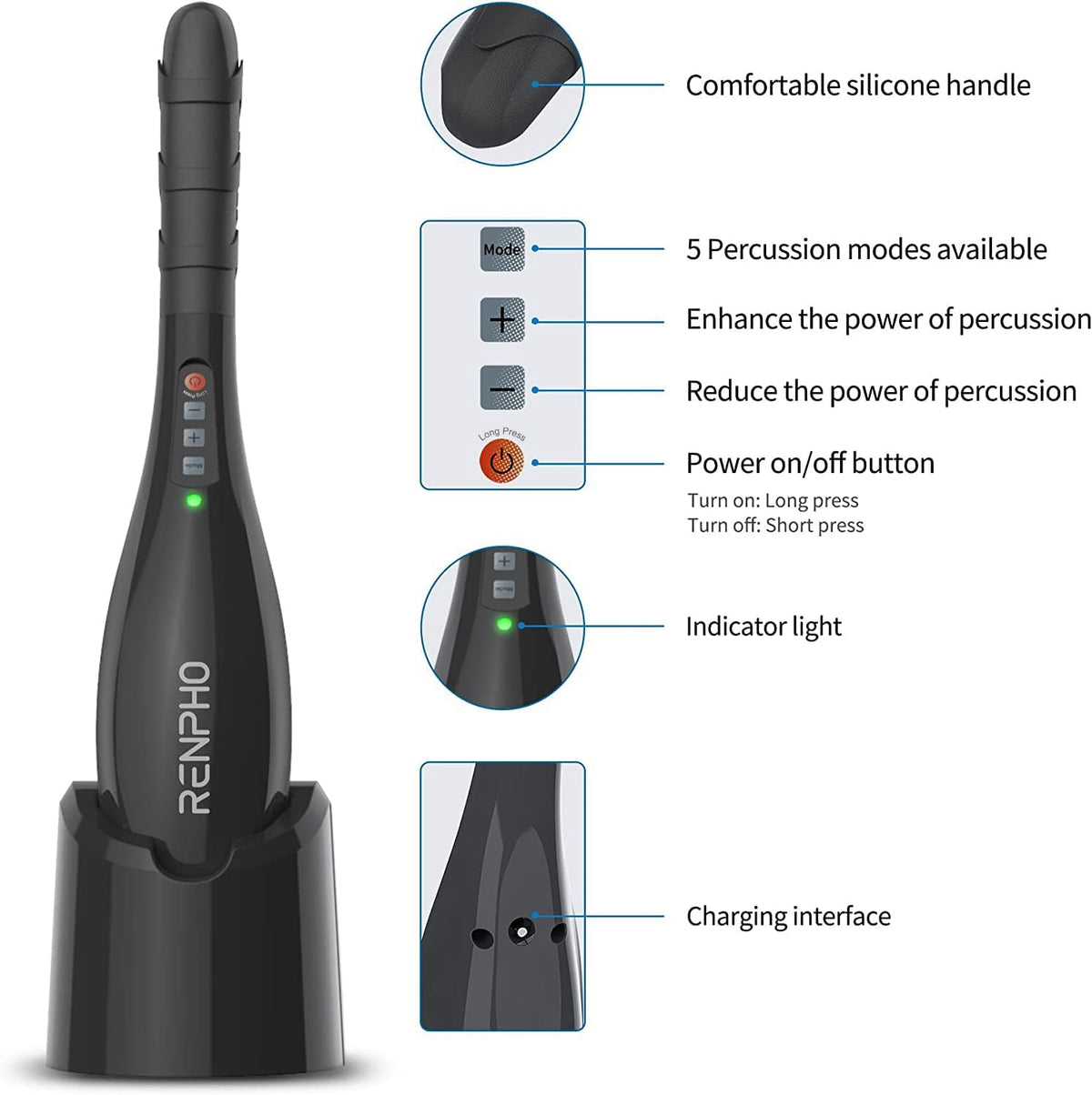 Rechargeable Handheld Back Massager with 5 Adjustable Speeds & Modes, Gifts for Men/Women, Cordless Electric Neck Massage Tool for Muscle Relief, Tailored Intensity for Shoulder, Leg, Calf