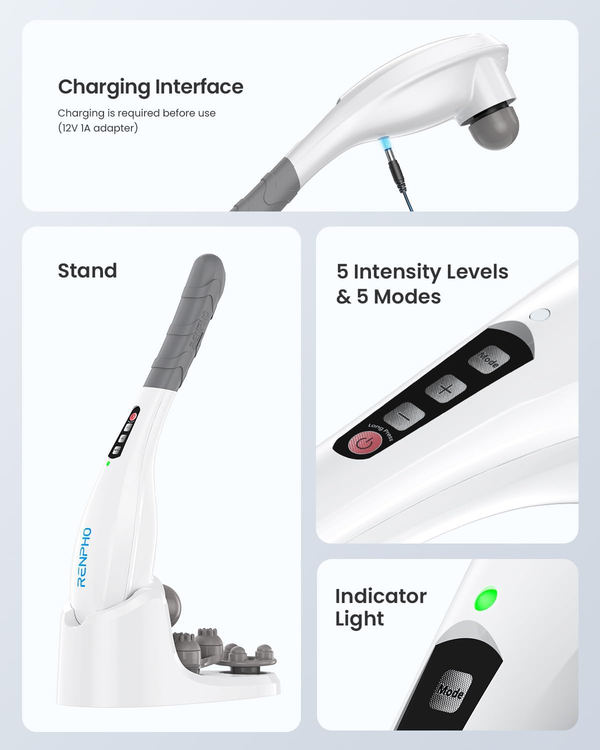 Rechargeable Handheld Back Massager with 5 Adjustable Speeds & Modes, Gifts for Men/Women, Cordless Electric Neck Massage Tool for Muscle Relief, Tailored Intensity for Shoulder, Leg, Calf