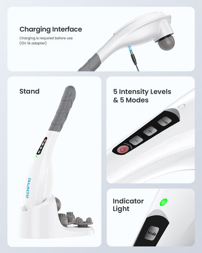 Rechargeable Handheld Back Massager with 5 Adjustable Speeds & Modes, Gifts for Men/Women, Cordless Electric Neck Massage Tool for Muscle Relief, Tailored Intensity for Shoulder, Leg, Calf