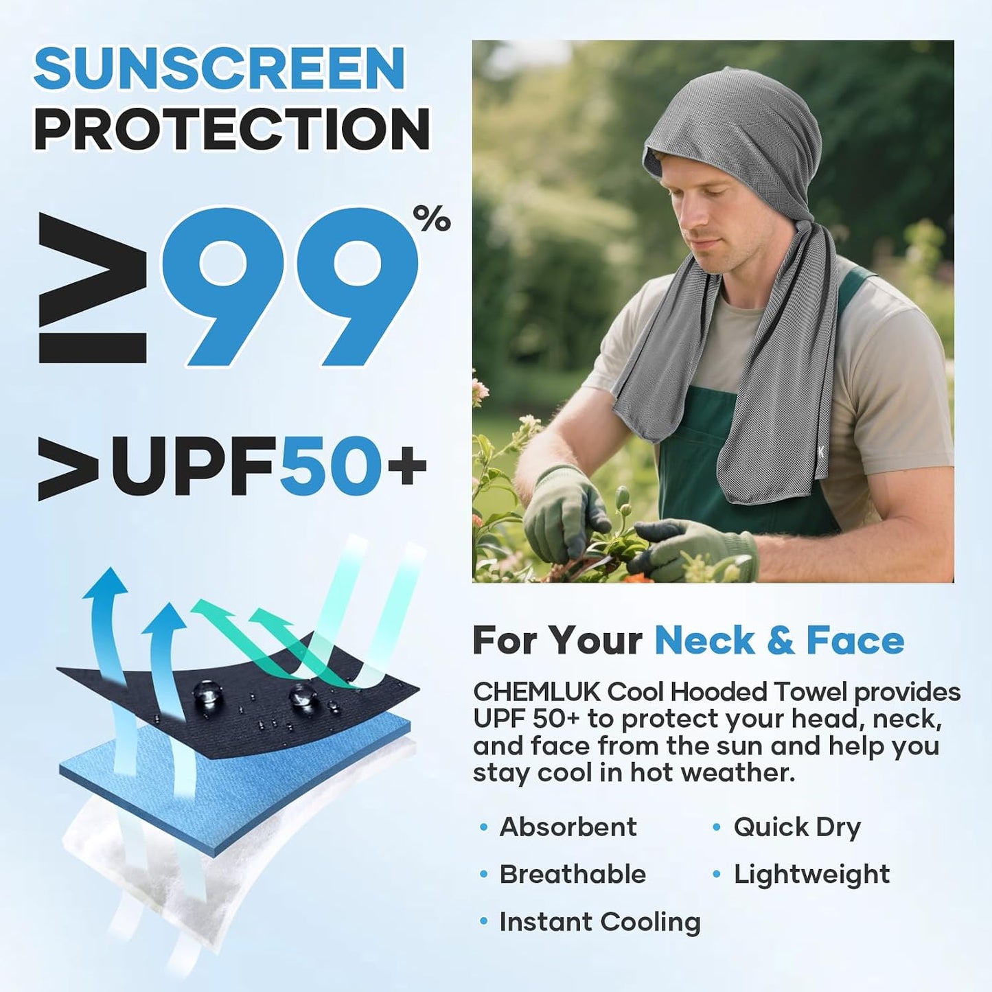Cooling Rags for Neck: UPF50 Cooling Hoodie Towel with Case 1 Pack