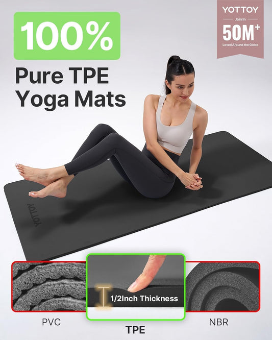 Yoga Mat，Extra Thick Yoga Mat (1/2inch),Professional TPE Exercise Mat,Non-Slip Workout Mat for Yoga, Pilates, Fitness, Barefoot Workouts, Home Gym Studio with Strap