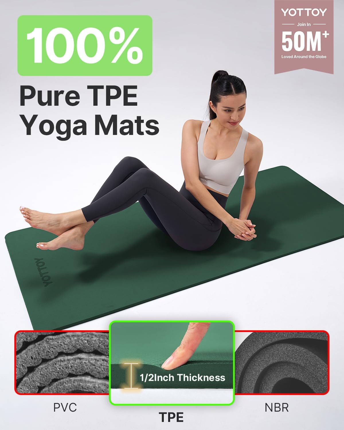 Yoga Mat，Extra Thick Yoga Mat (1/2inch),Professional TPE Exercise Mat,Non-Slip Workout Mat for Yoga, Pilates, Fitness, Barefoot Workouts, Home Gym Studio with Strap
