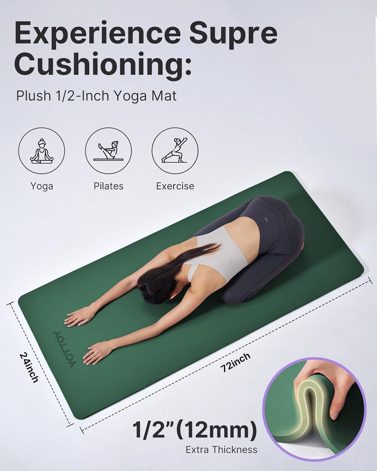 Yoga Mat，Extra Thick Yoga Mat (1/2inch),Professional TPE Exercise Mat,Non-Slip Workout Mat for Yoga, Pilates, Fitness, Barefoot Workouts, Home Gym Studio with Strap