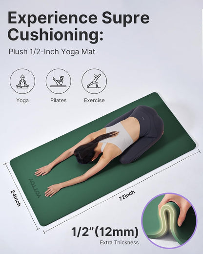 Yoga Mat，Extra Thick Yoga Mat (1/2inch),Professional TPE Exercise Mat,Non-Slip Workout Mat for Yoga, Pilates, Fitness, Barefoot Workouts, Home Gym Studio with Strap