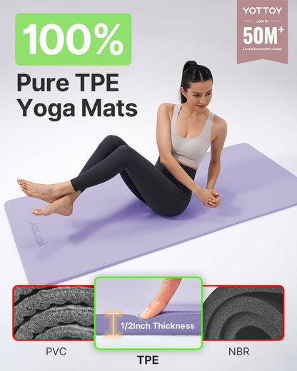 Yoga Mat，Extra Thick Yoga Mat (1/2inch),Professional TPE Exercise Mat,Non-Slip Workout Mat for Yoga, Pilates, Fitness, Barefoot Workouts, Home Gym Studio with Strap