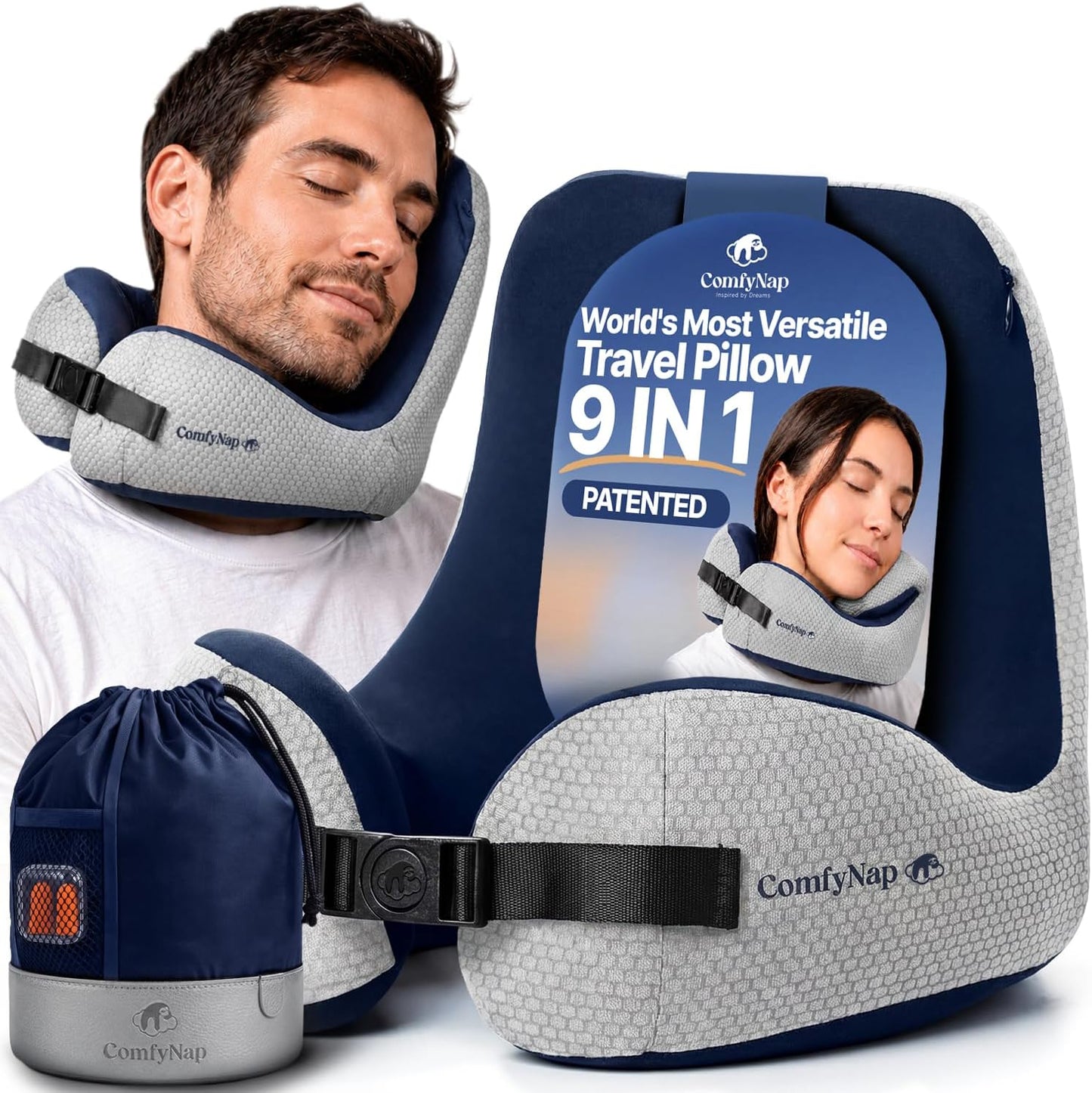 ComfyNap® Versatile Travel Neck Pillow for Airplane [Patented], 9 Positions in 3 Techniques, Plane Pillow with Pure Memory Foam, Travel Pillow with HeadRest Flight Sleep, Travel Essential - Mercury