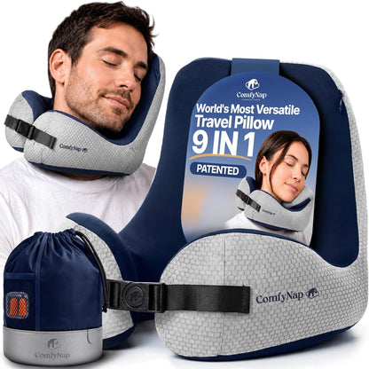 ComfyNap® Versatile Travel Neck Pillow for Airplane [Patented], 9 Positions in 3 Techniques, Plane Pillow with Pure Memory Foam, Travel Pillow with HeadRest Flight Sleep, Travel Essential - Mercury