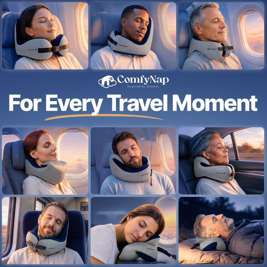 ComfyNap® Versatile Travel Neck Pillow for Airplane [Patented], 9 Positions in 3 Techniques, Plane Pillow with Pure Memory Foam, Travel Pillow with HeadRest Flight Sleep, Travel Essential - Mercury
