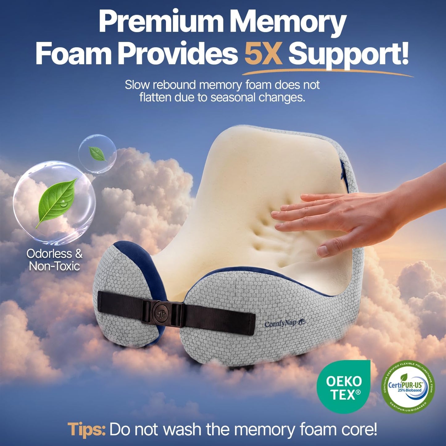 ComfyNap® Versatile Travel Neck Pillow for Airplane [Patented], 9 Positions in 3 Techniques, Plane Pillow with Pure Memory Foam, Travel Pillow with HeadRest Flight Sleep, Travel Essential - Mercury
