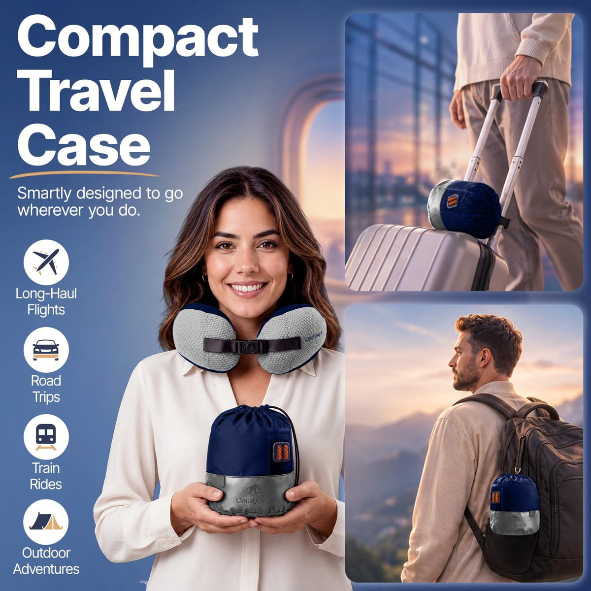 ComfyNap® Versatile Travel Neck Pillow for Airplane [Patented], 9 Positions in 3 Techniques, Plane Pillow with Pure Memory Foam, Travel Pillow with HeadRest Flight Sleep, Travel Essential - Mercury