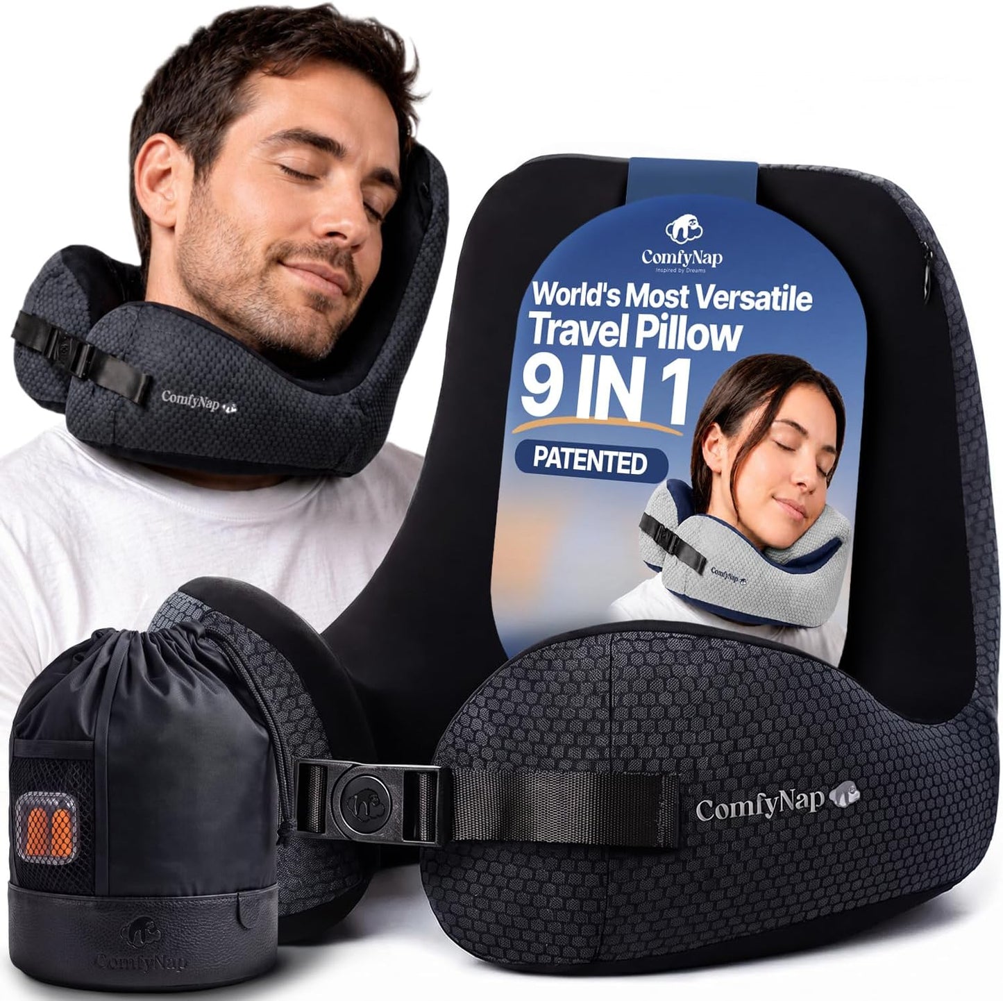 ComfyNap® Versatile Travel Neck Pillow for Airplane [Patented], 9 Positions in 3 Techniques, Plane Pillow with Pure Memory Foam, Travel Pillow with HeadRest Flight Sleep, Travel Essential - Mercury