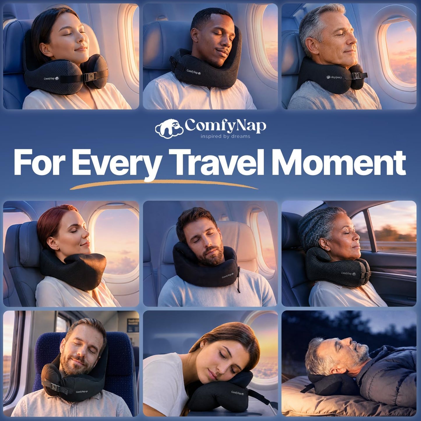 ComfyNap® Versatile Travel Neck Pillow for Airplane [Patented], 9 Positions in 3 Techniques, Plane Pillow with Pure Memory Foam, Travel Pillow with HeadRest Flight Sleep, Travel Essential - Mercury
