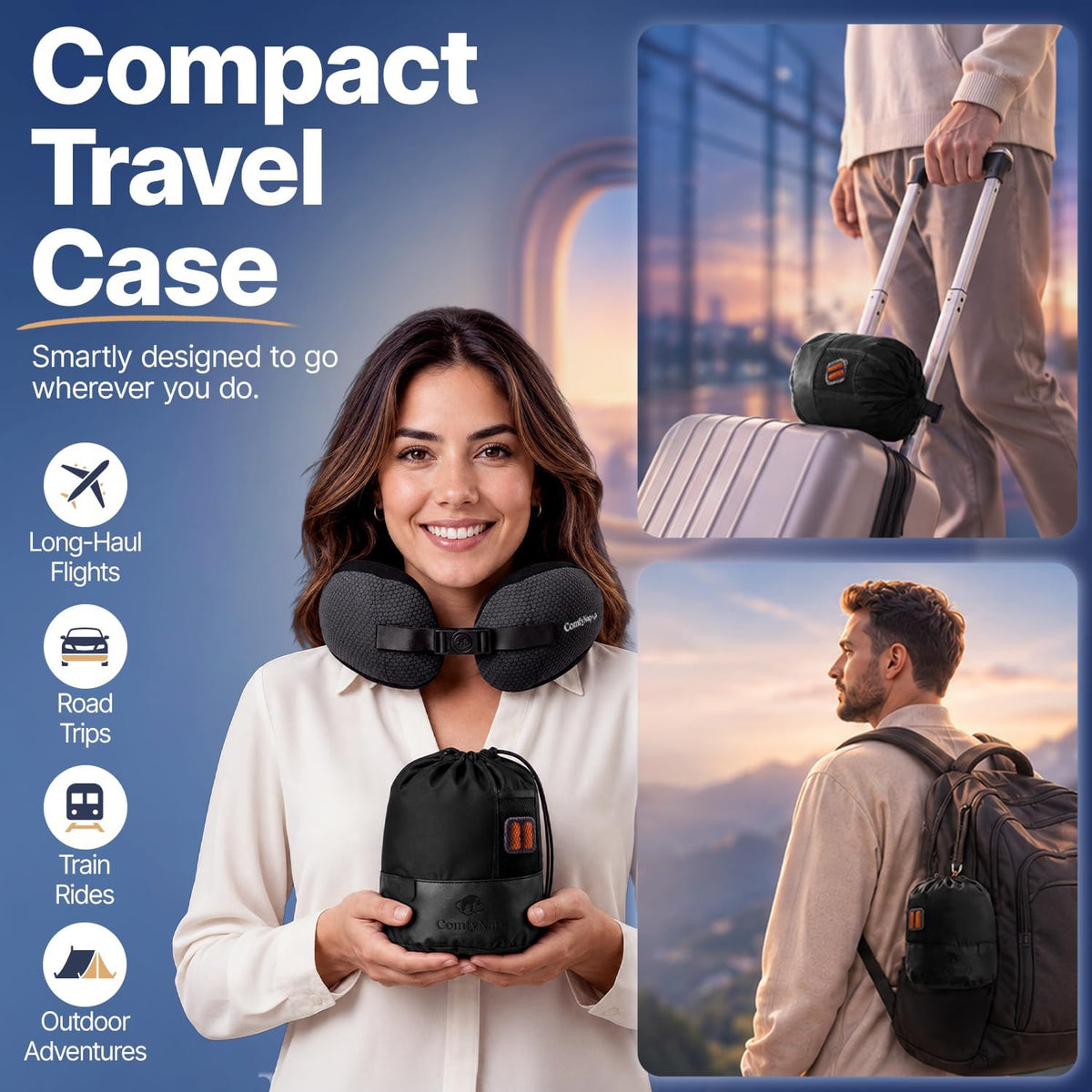 ComfyNap® Versatile Travel Neck Pillow for Airplane [Patented], 9 Positions in 3 Techniques, Plane Pillow with Pure Memory Foam, Travel Pillow with HeadRest Flight Sleep, Travel Essential - Mercury