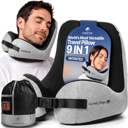 ComfyNap® Versatile Travel Neck Pillow for Airplane [Patented], 9 Positions in 3 Techniques, Plane Pillow with Pure Memory Foam, Travel Pillow with HeadRest Flight Sleep, Travel Essential - Mercury
