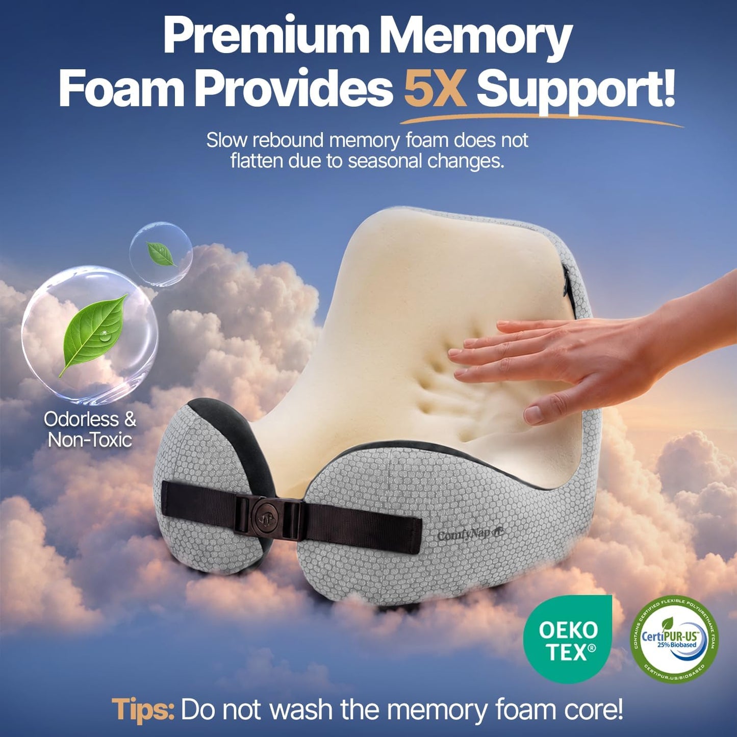 ComfyNap® Versatile Travel Neck Pillow for Airplane [Patented], 9 Positions in 3 Techniques, Plane Pillow with Pure Memory Foam, Travel Pillow with HeadRest Flight Sleep, Travel Essential - Mercury