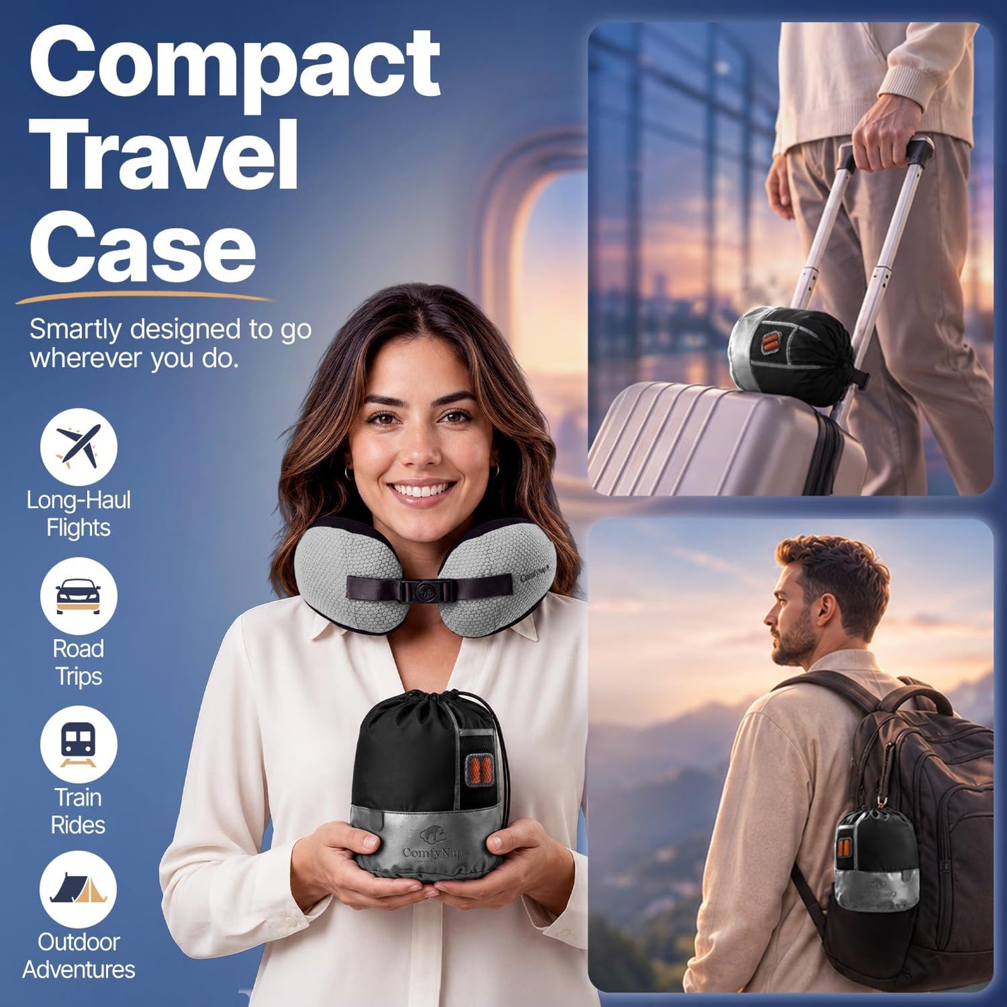 ComfyNap® Versatile Travel Neck Pillow for Airplane [Patented], 9 Positions in 3 Techniques, Plane Pillow with Pure Memory Foam, Travel Pillow with HeadRest Flight Sleep, Travel Essential - Mercury