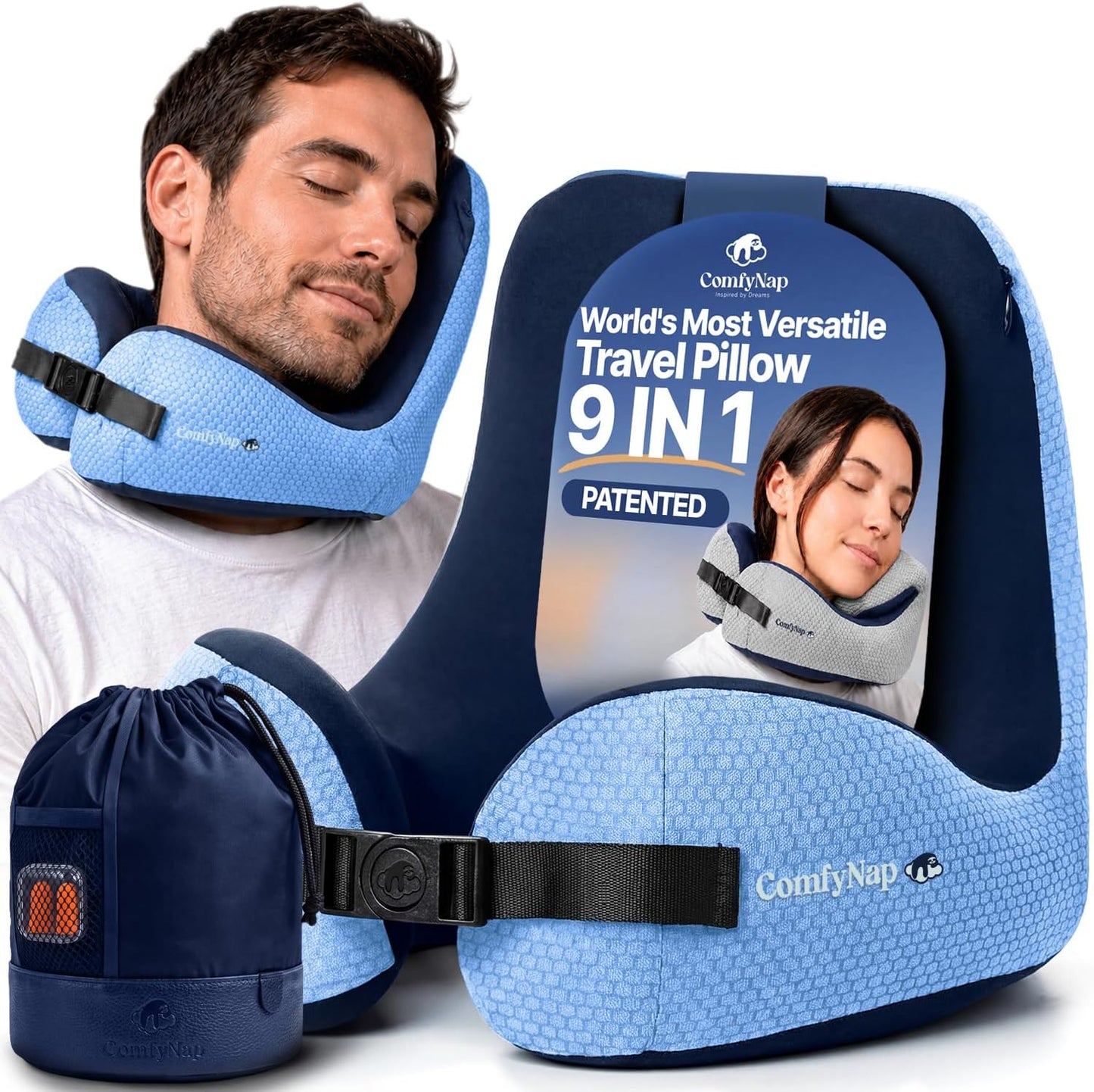 ComfyNap® Versatile Travel Neck Pillow for Airplane [Patented], 9 Positions in 3 Techniques, Plane Pillow with Pure Memory Foam, Travel Pillow with HeadRest Flight Sleep, Travel Essential - Mercury