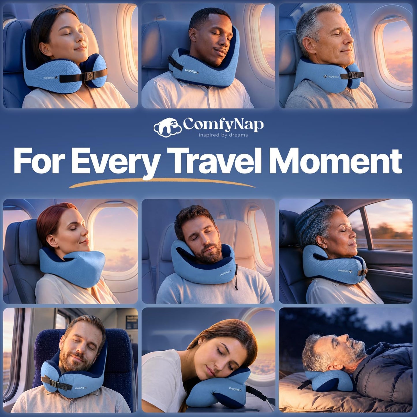 ComfyNap® Versatile Travel Neck Pillow for Airplane [Patented], 9 Positions in 3 Techniques, Plane Pillow with Pure Memory Foam, Travel Pillow with HeadRest Flight Sleep, Travel Essential - Mercury