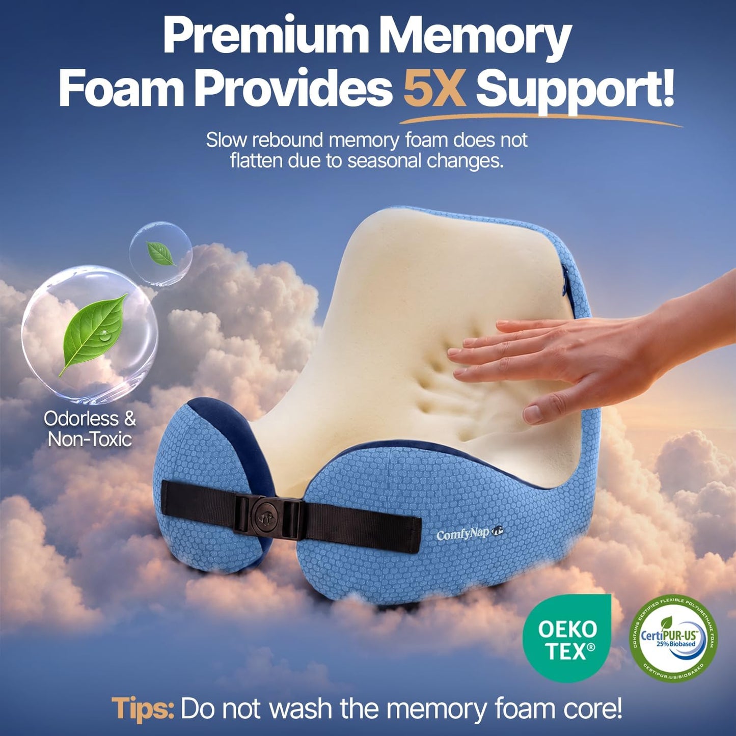 ComfyNap® Versatile Travel Neck Pillow for Airplane [Patented], 9 Positions in 3 Techniques, Plane Pillow with Pure Memory Foam, Travel Pillow with HeadRest Flight Sleep, Travel Essential - Mercury