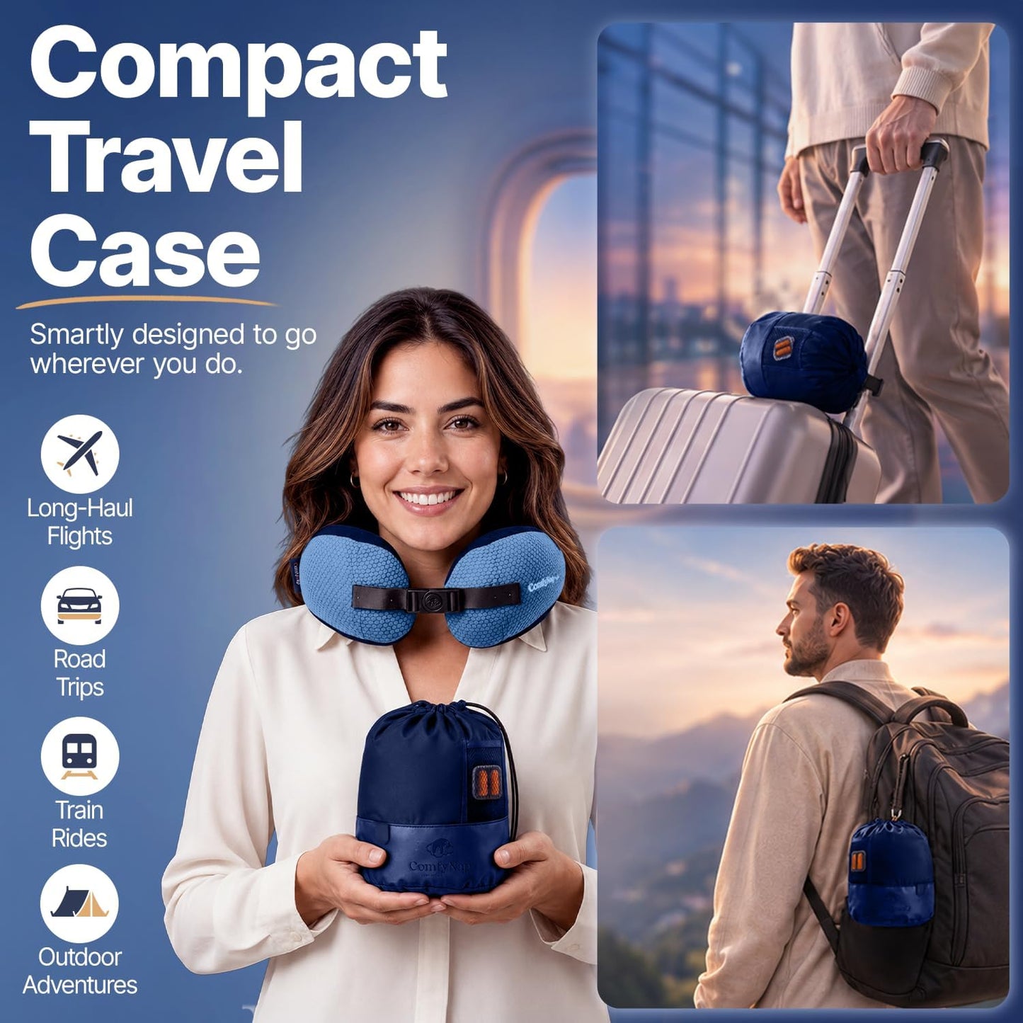 ComfyNap® Versatile Travel Neck Pillow for Airplane [Patented], 9 Positions in 3 Techniques, Plane Pillow with Pure Memory Foam, Travel Pillow with HeadRest Flight Sleep, Travel Essential - Mercury