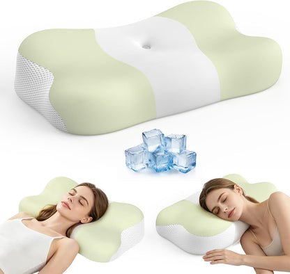 Cervical Neck Pillow Memory Foam Ergonomic Single-Sided High-Low (Green)