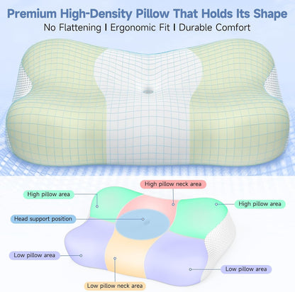 Cervical Neck Pillow Memory Foam Ergonomic Single-Sided High-Low (Green)