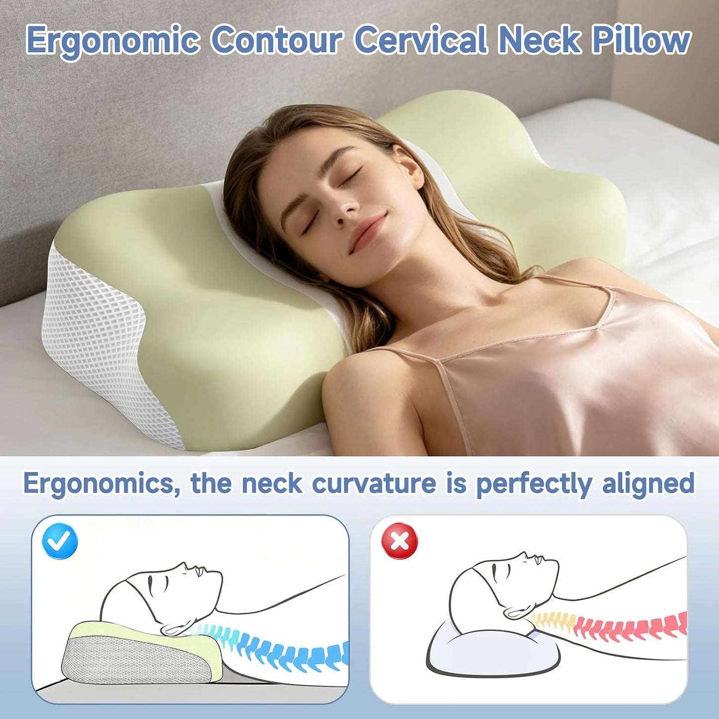 Cervical Neck Pillow Memory Foam Ergonomic Single-Sided High-Low (Green)