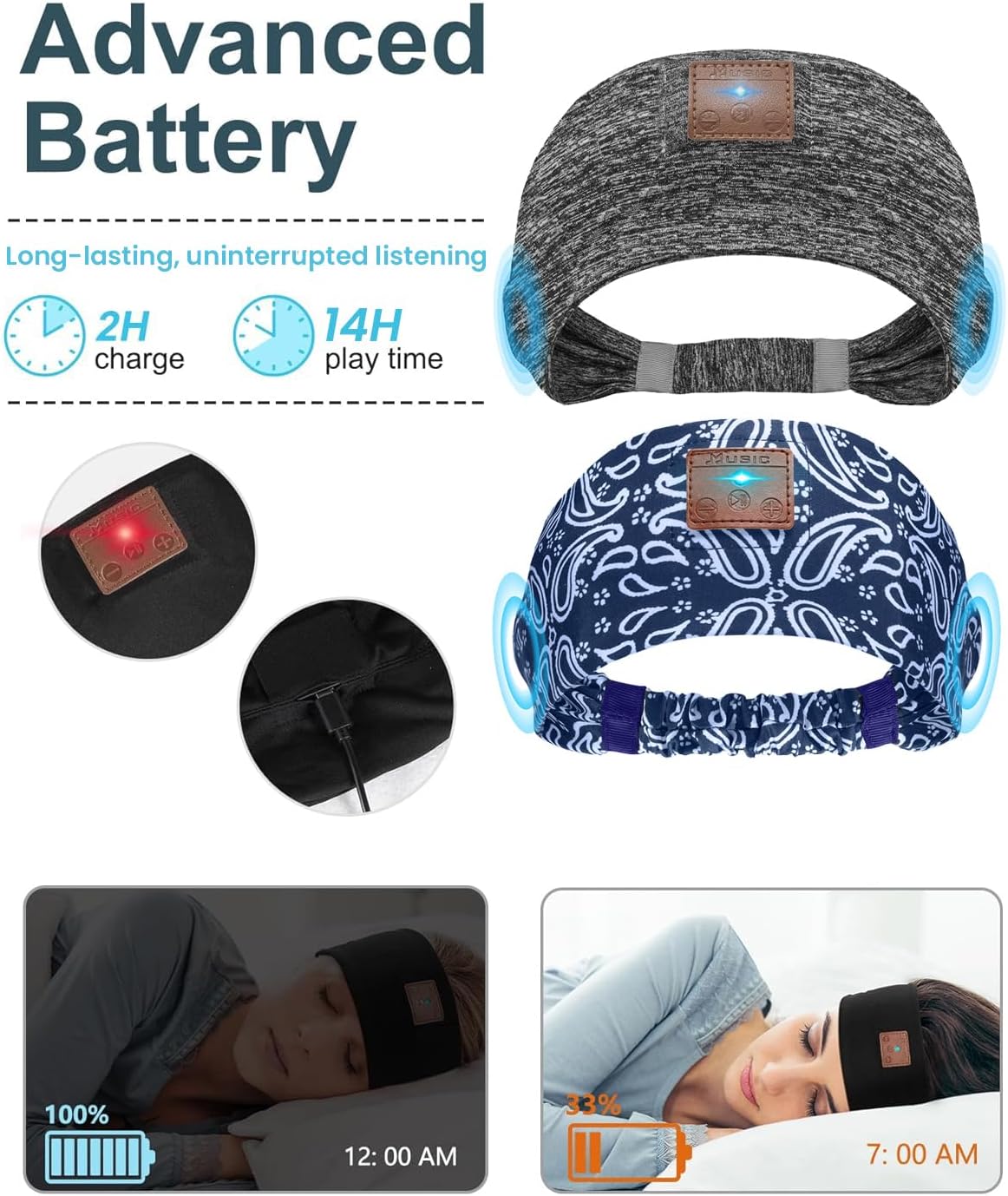 2-Pack Sleeping Headphones, Headband Headphones with Thin Speakers