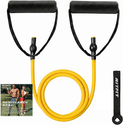RitFit Single Resistance Exercise Band with Comfortable Handles - Ideal for Physical Therapy, Strength Training, Muscle Toning - Foam Padding Door Anchor and Starter Guide Included