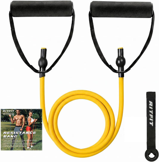 RitFit Single Resistance Exercise Band with Comfortable Handles - Ideal for Physical Therapy, Strength Training, Muscle Toning - Foam Padding Door Anchor and Starter Guide Included