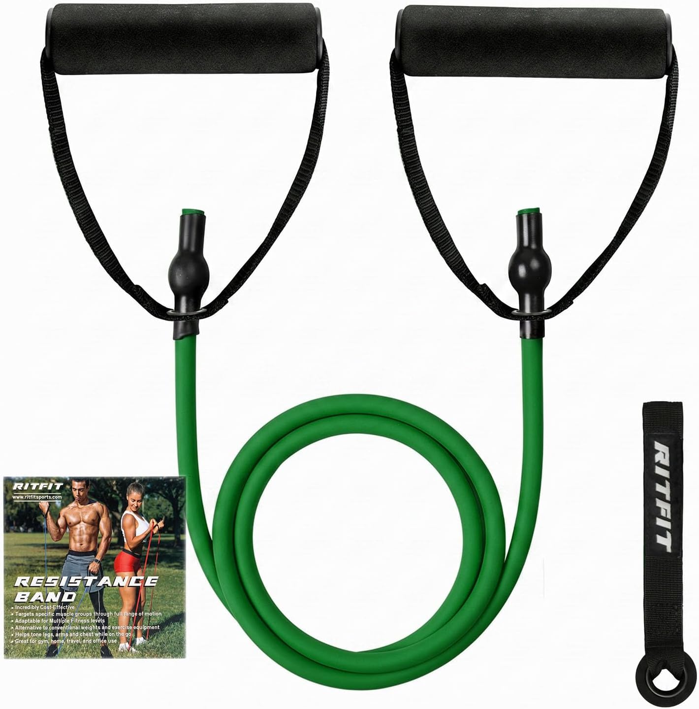 RitFit Single Resistance Exercise Band with Comfortable Handles - Ideal for Physical Therapy, Strength Training, Muscle Toning - Foam Padding Door Anchor and Starter Guide Included