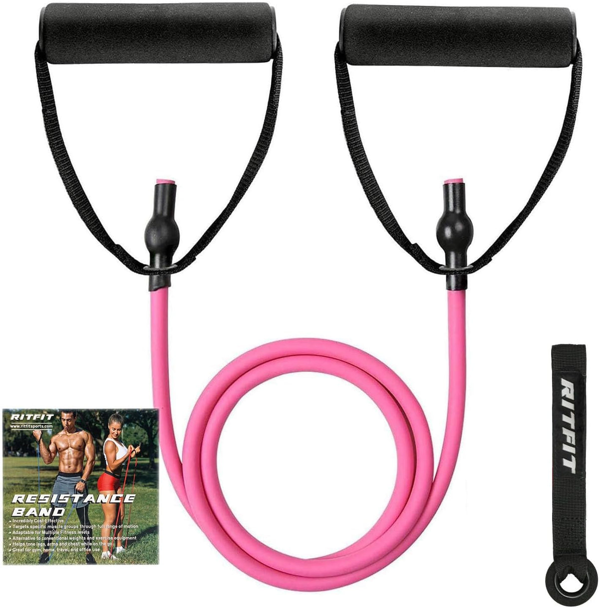RitFit Single Resistance Exercise Band with Comfortable Handles - Ideal for Physical Therapy, Strength Training, Muscle Toning - Foam Padding Door Anchor and Starter Guide Included
