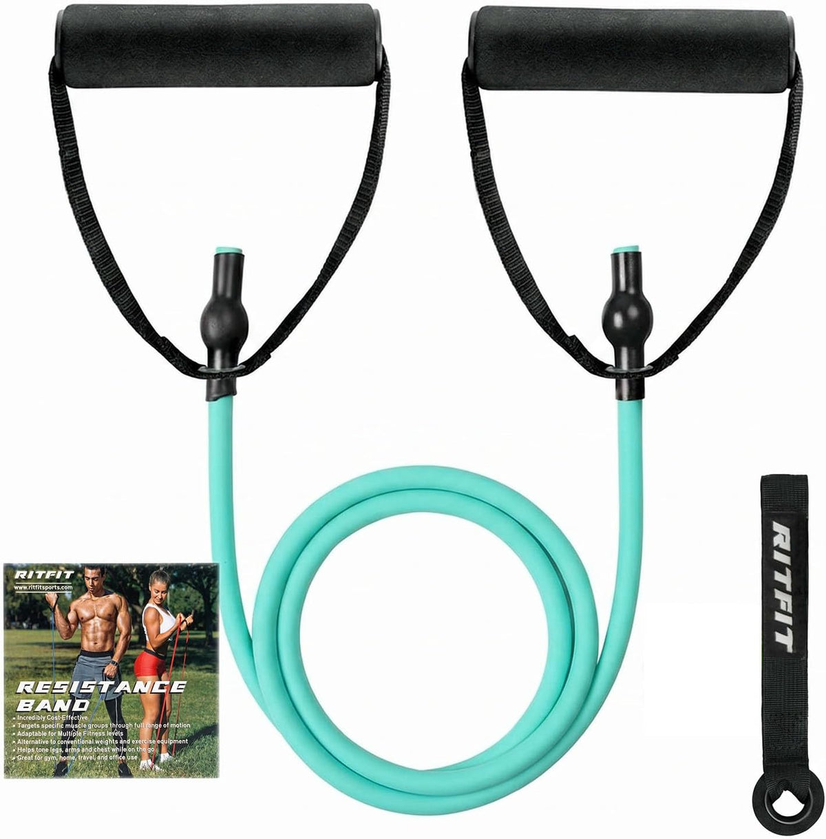 RitFit Single Resistance Exercise Band with Comfortable Handles - Ideal for Physical Therapy, Strength Training, Muscle Toning - Foam Padding Door Anchor and Starter Guide Included