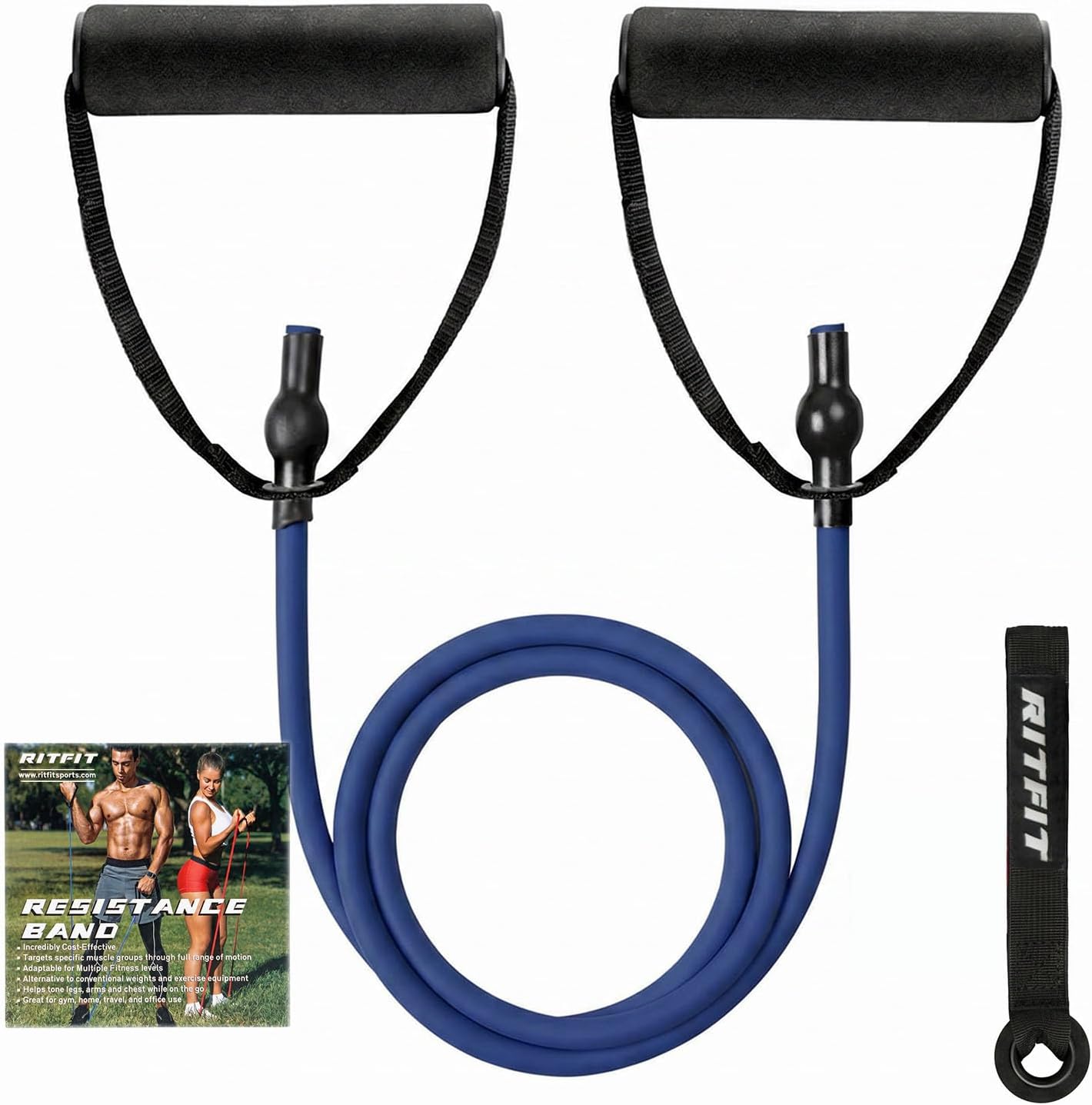 RitFit Single Resistance Exercise Band with Comfortable Handles - Ideal for Physical Therapy, Strength Training, Muscle Toning - Foam Padding Door Anchor and Starter Guide Included