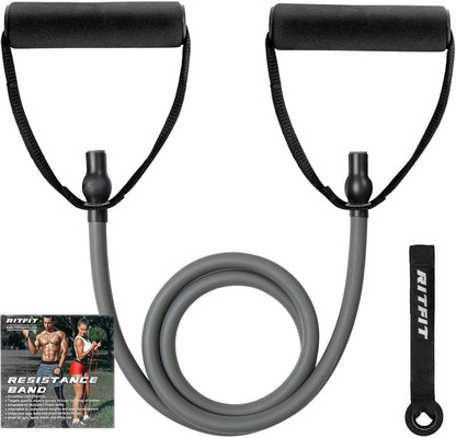 RitFit Single Resistance Exercise Band with Comfortable Handles - Ideal for Physical Therapy, Strength Training, Muscle Toning - Foam Padding Door Anchor and Starter Guide Included