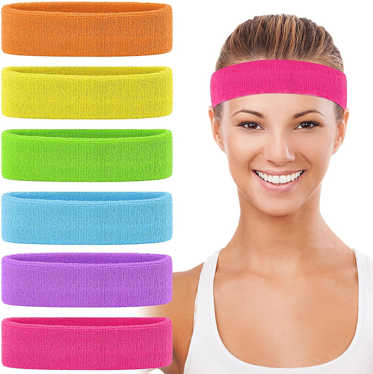 6pcs 80s Headbands for Women, Terry Cloth Sports Headband Neon Sweatbands 80s 90s Party Costume Accessories for Retro Party Decorations Gym Yoga Tennis Running Fitness
