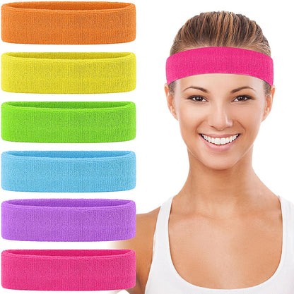 6pcs 80s Headbands for Women, Terry Cloth Sports Headband Neon Sweatbands 80s 90s Party Costume Accessories for Retro Party Decorations Gym Yoga Tennis Running Fitness