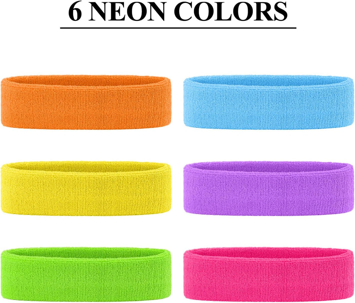 6pcs 80s Headbands for Women, Terry Cloth Sports Headband Neon Sweatbands 80s 90s Party Costume Accessories for Retro Party Decorations Gym Yoga Tennis Running Fitness