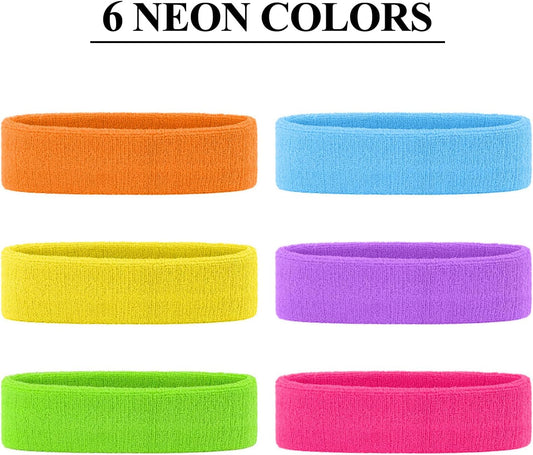 6pcs 80s Headbands for Women, Terry Cloth Sports Headband Neon Sweatbands 80s 90s Party Costume Accessories for Retro Party Decorations Gym Yoga Tennis Running Fitness