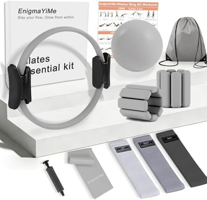 Pilates Ring Kit with Adjustable Ankle Wrist Weights, Resistance Bands, Ball, Pilates Equipment Ball for Home Workout to Tone, Sculpt and Strengthen, Fitness Magic Circle Rings for Yoga Women