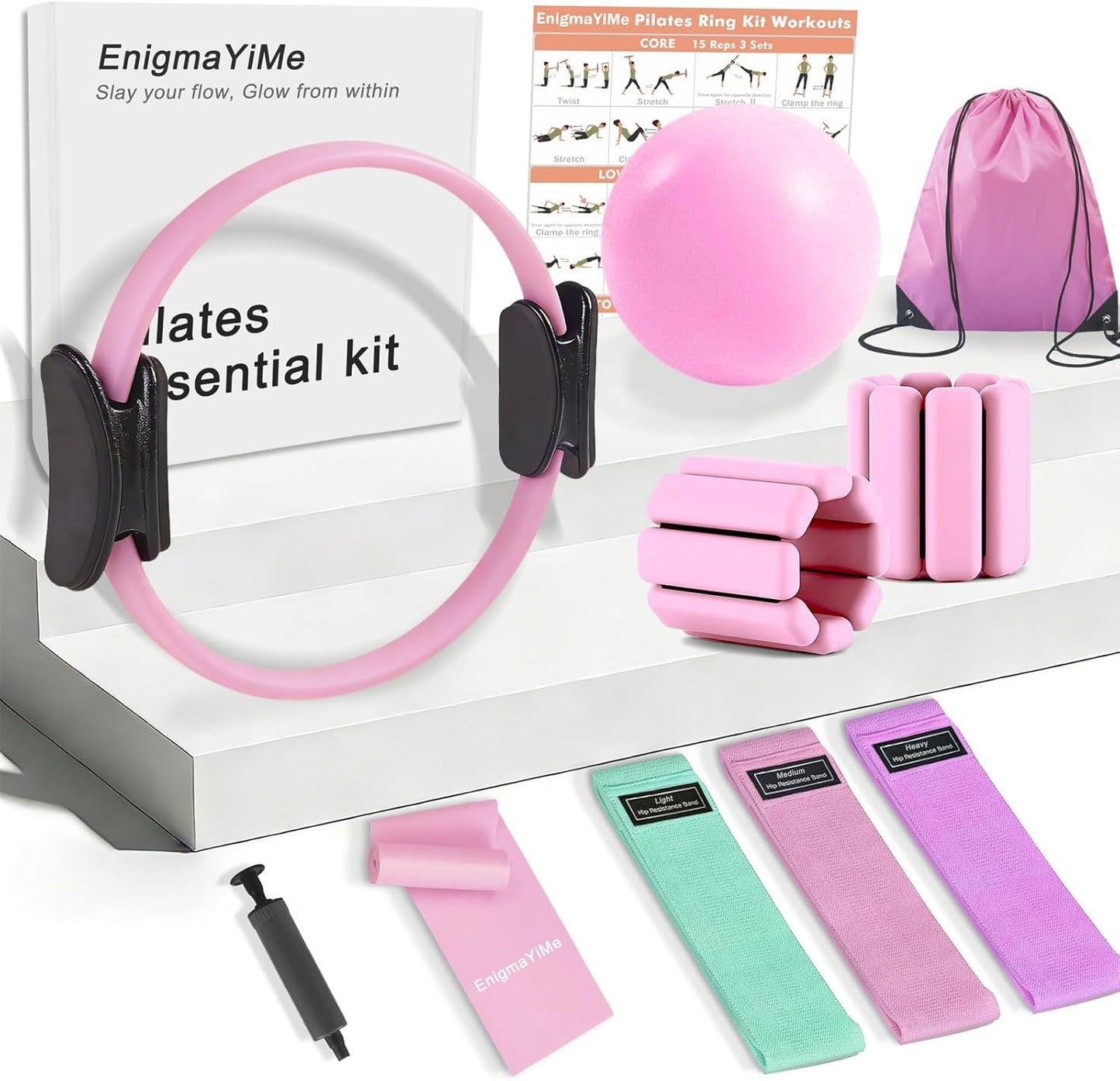 Pilates Ring Kit with Adjustable Ankle Wrist Weights, Resistance Bands, Ball, Pilates Equipment Ball for Home Workout to Tone, Sculpt and Strengthen, Fitness Magic Circle Rings for Yoga Women