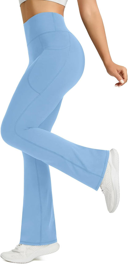Womens Flared Yoga Pants with Pockets, High Waisted Flare Leggings Bell Bottom Bootcut Yoga Dress Pants